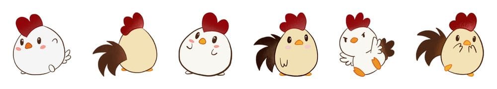 Row of six cheerful cartoon chickens with red combs on white background.