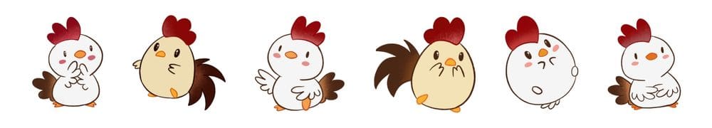 Row of six cheerful cartoon chickens with red combs on white background.