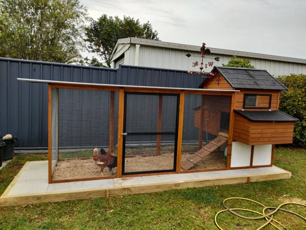 Customer photo - Cabana and Run chickens, pavers and timber frame, plastic roof sheeting on run, corflute under coop