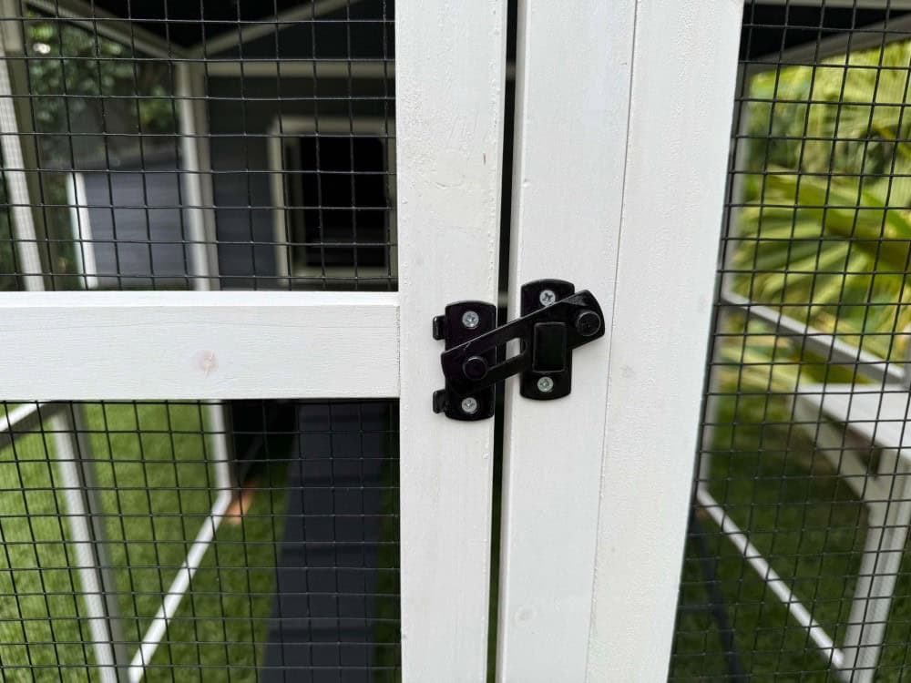 Grey Castle Chicken Coop - black latch and wire