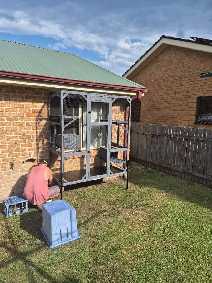 Man assembling a Condo cat enclosure against a brick house.