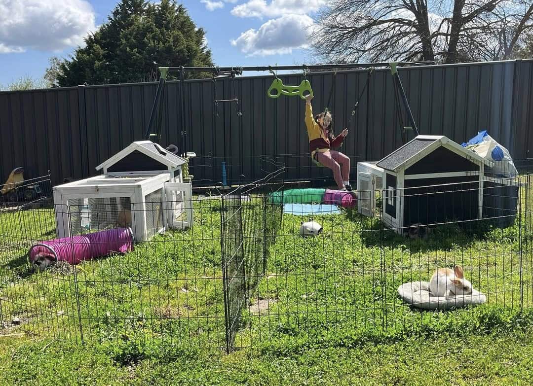 Two charcoal coloured rabbit hutches on grass, surrounded by a black metal playpen.